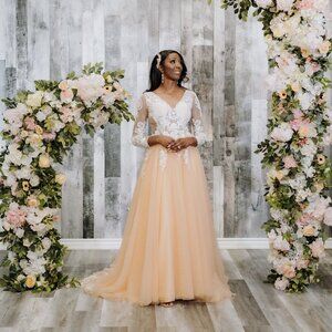 Long Sleeve Tulle A-Line Wedding Dress with Hand-Beaded Lace & Side Cutouts